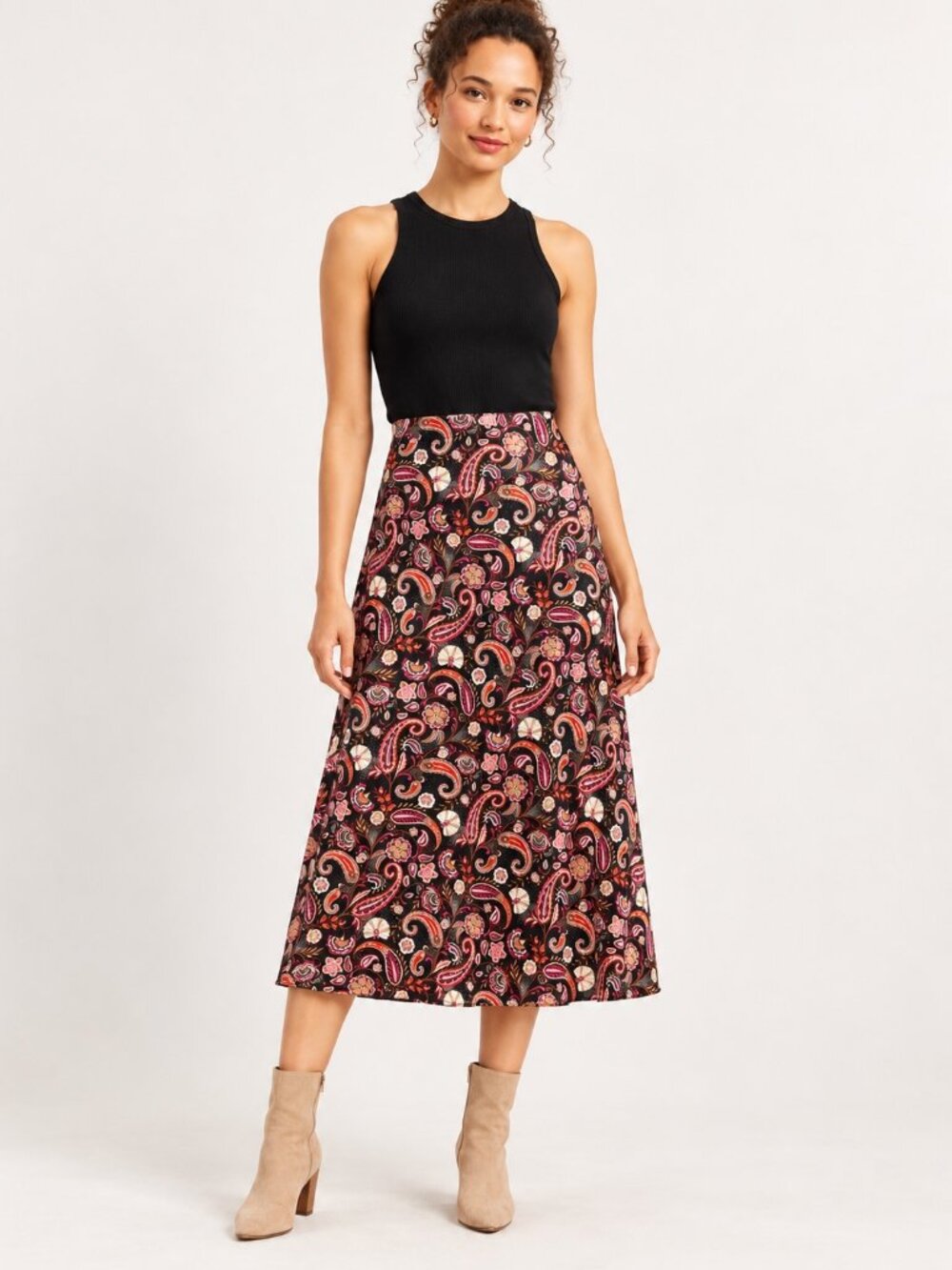 LOFT Petites MP Black Paisley Floral Satin Look Slip Midi Skirt Pull On A-Line